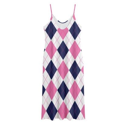 White Blue And Pink Argyle Pattern Print Jersey Midi Cami Dress