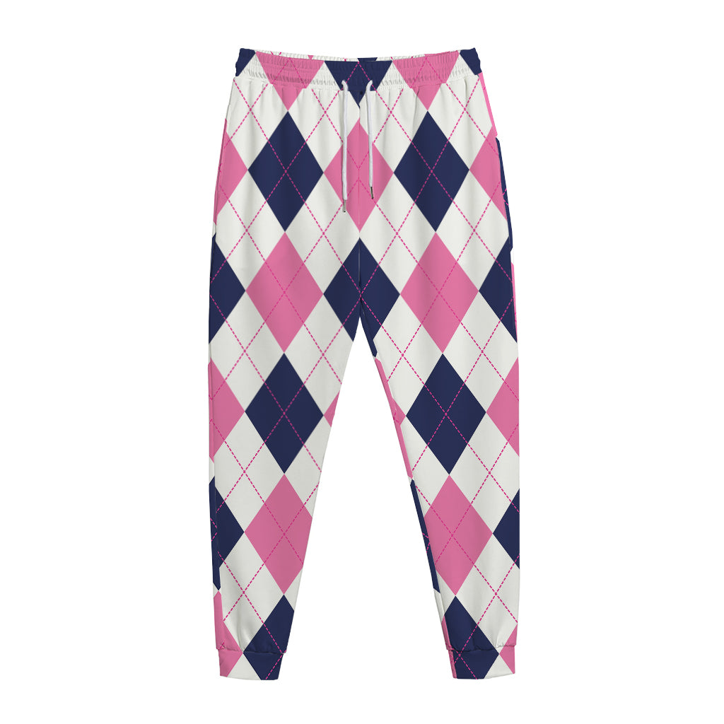 White Blue And Pink Argyle Pattern Print Jogger Pants
