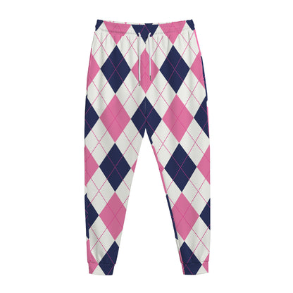 White Blue And Pink Argyle Pattern Print Jogger Pants