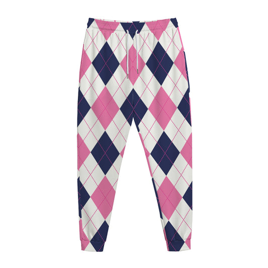 White Blue And Pink Argyle Pattern Print Jogger Pants
