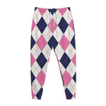 White Blue And Pink Argyle Pattern Print Jogger Pants