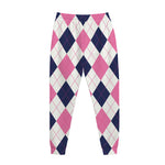 White Blue And Pink Argyle Pattern Print Jogger Pants