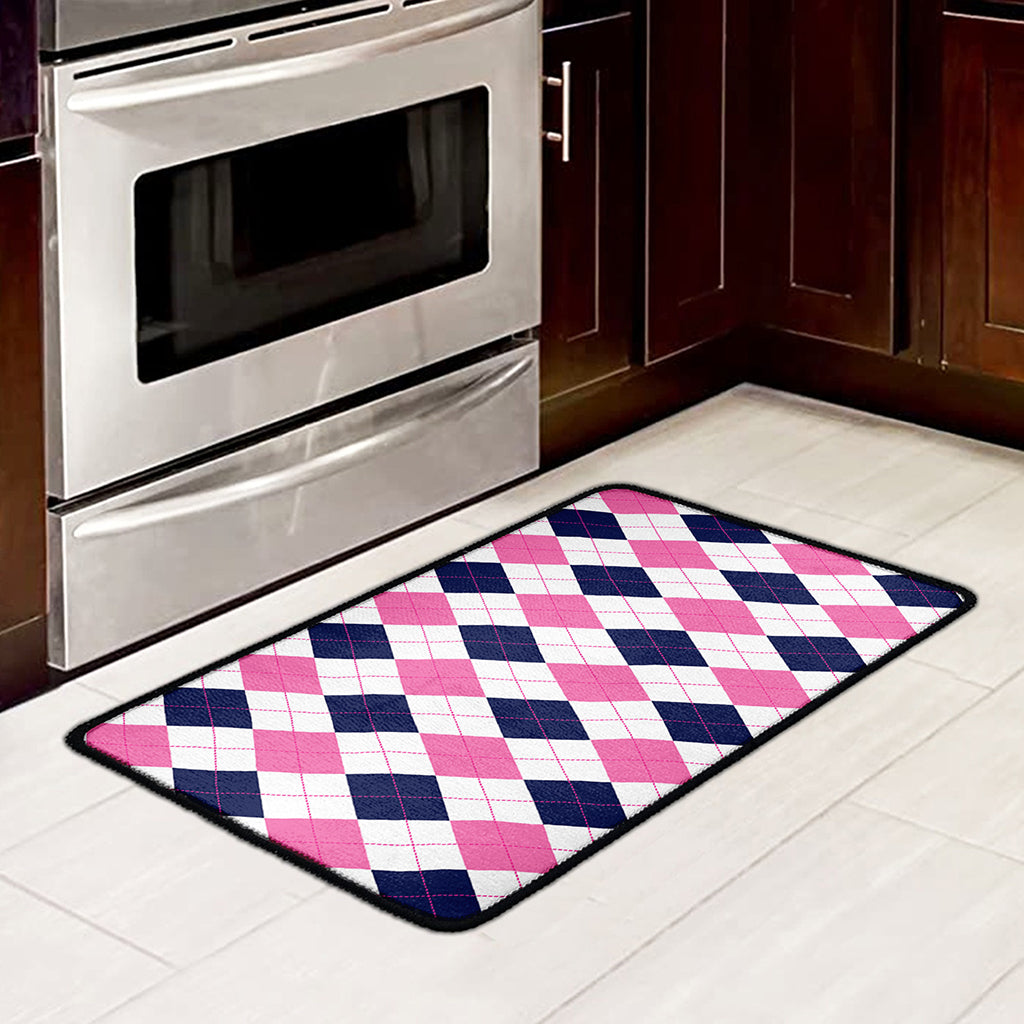 White Blue And Pink Argyle Pattern Print Kitchen Mat