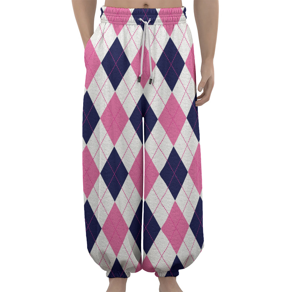 White Blue And Pink Argyle Pattern Print Lantern Pants