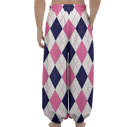 White Blue And Pink Argyle Pattern Print Lantern Pants