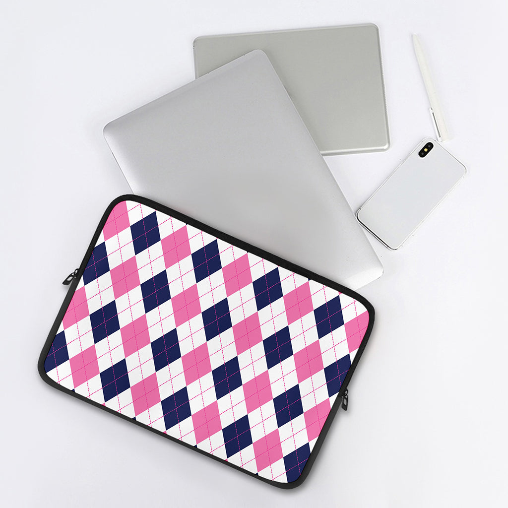 White Blue And Pink Argyle Pattern Print Laptop Sleeve