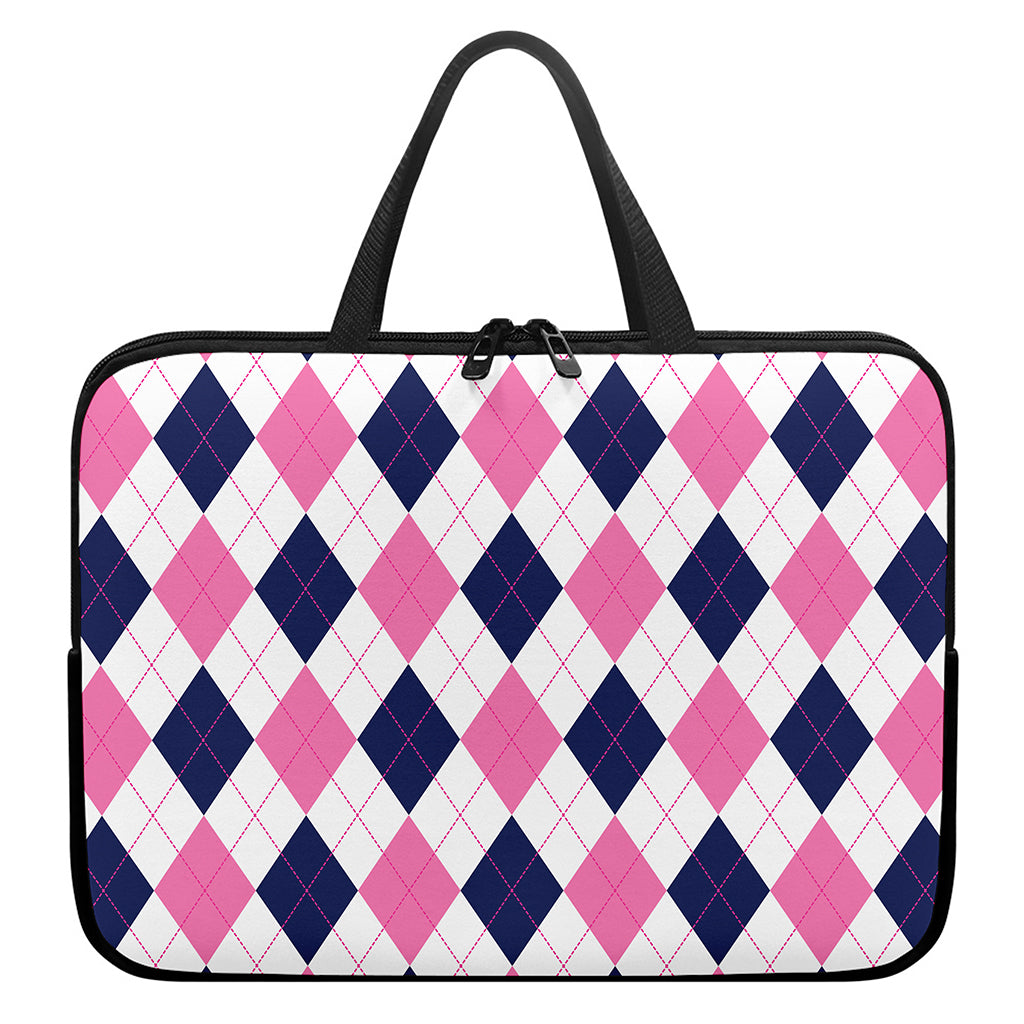 White Blue And Pink Argyle Pattern Print Laptop Sleeve With Handle