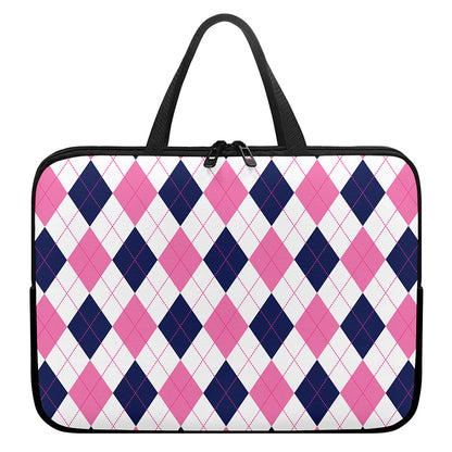 White Blue And Pink Argyle Pattern Print Laptop Sleeve With Handle