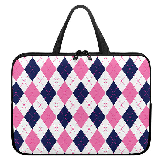 White Blue And Pink Argyle Pattern Print Laptop Sleeve With Handle