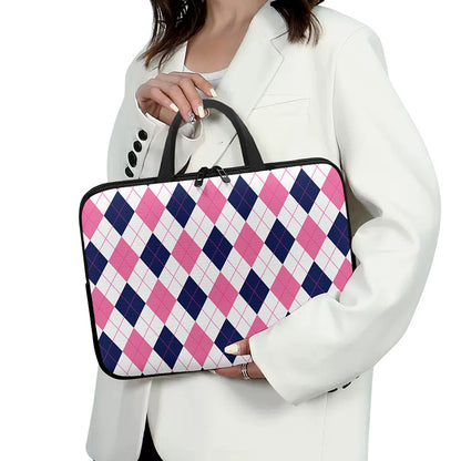White Blue And Pink Argyle Pattern Print Laptop Sleeve With Handle