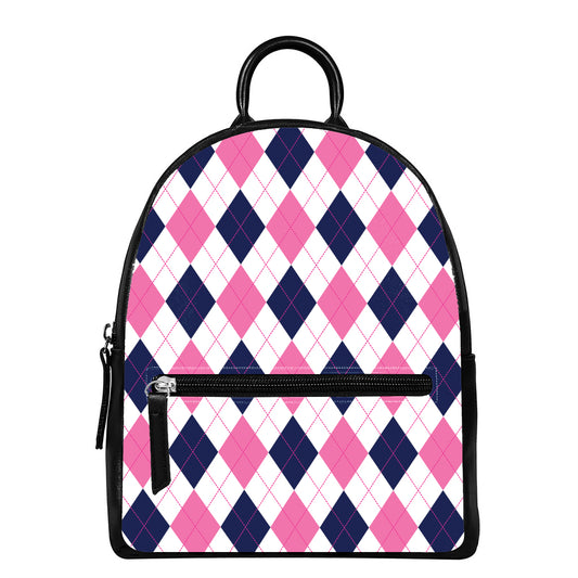White Blue And Pink Argyle Pattern Print Leather Backpack