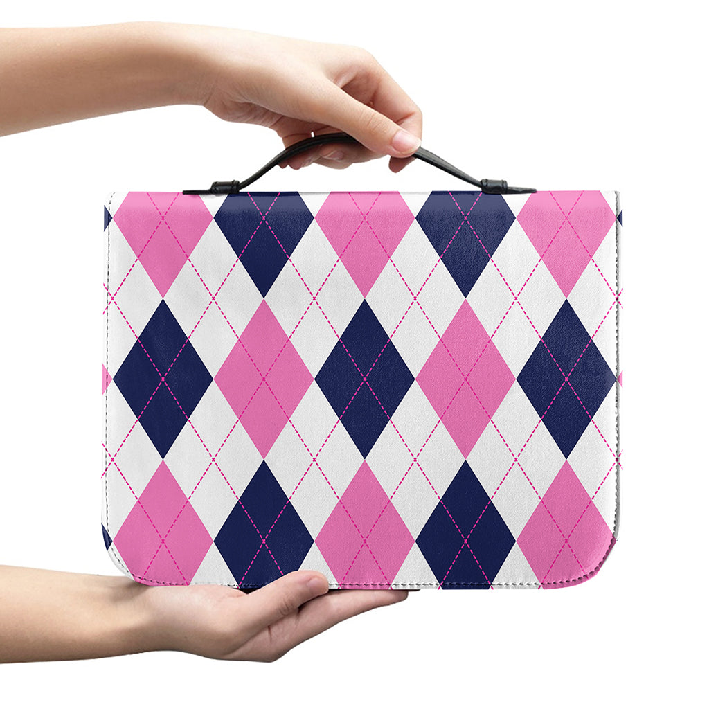 White Blue And Pink Argyle Pattern Print Leather Bible Cover