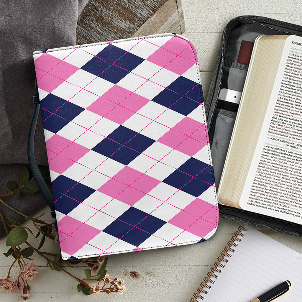 White Blue And Pink Argyle Pattern Print Leather Bible Cover