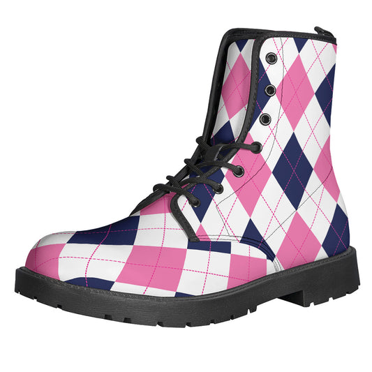White Blue And Pink Argyle Pattern Print Backpack