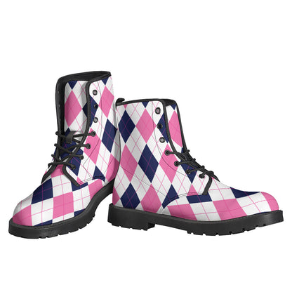 White Blue And Pink Argyle Pattern Print Backpack
