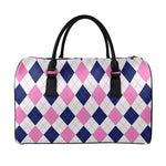 White Blue And Pink Argyle Pattern Print Leather Duffle Bag