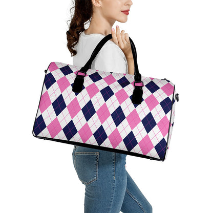 White Blue And Pink Argyle Pattern Print Leather Duffle Bag