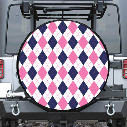 White Blue And Pink Argyle Pattern Print Leather Spare Tire Cover