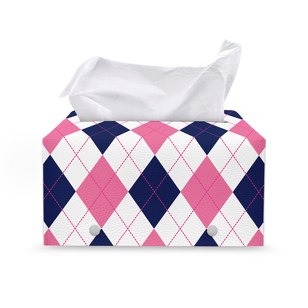 White Blue And Pink Argyle Pattern Print Leather Tissue Box Cover