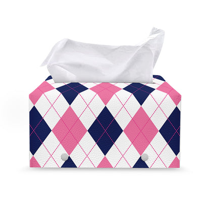White Blue And Pink Argyle Pattern Print Leather Tissue Box Cover