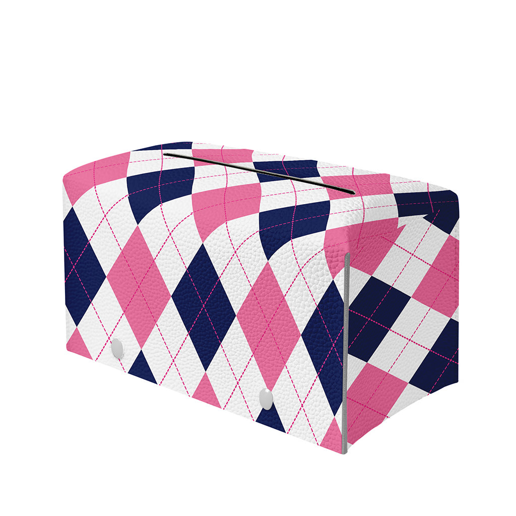 White Blue And Pink Argyle Pattern Print Leather Tissue Box Cover
