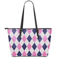 White Blue And Pink Argyle Pattern Print Leather Tote Bag With Zipper