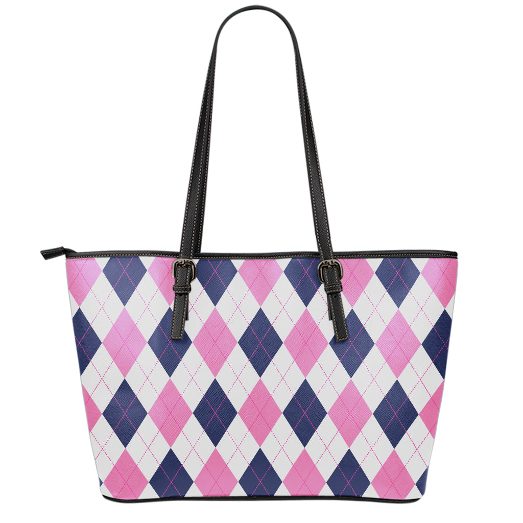 White Blue And Pink Argyle Pattern Print Leather Tote Bag