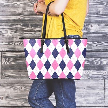 White Blue And Pink Argyle Pattern Print Leather Tote Bag
