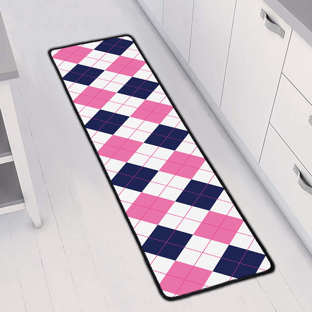 White Blue And Pink Argyle Pattern Print Long Kitchen Mat