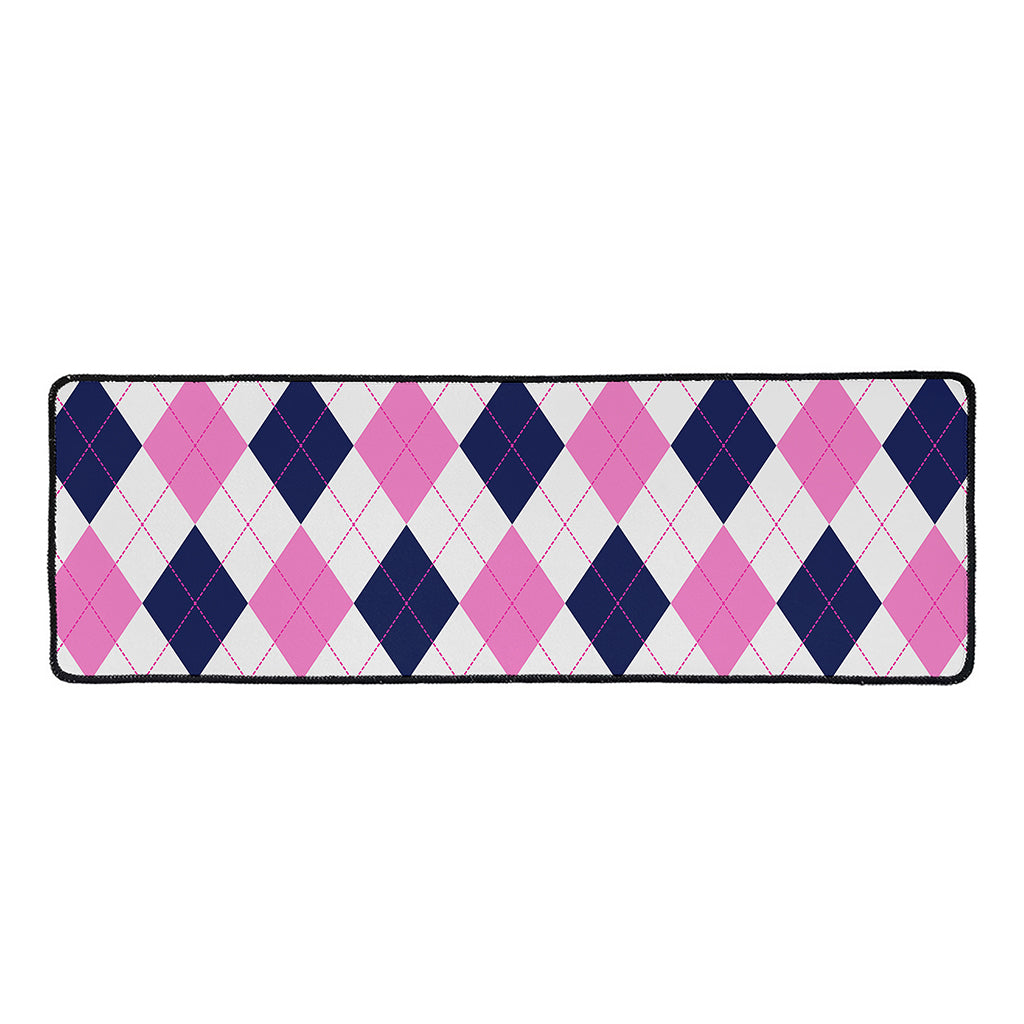 White Blue And Pink Argyle Pattern Print Long Kitchen Mat