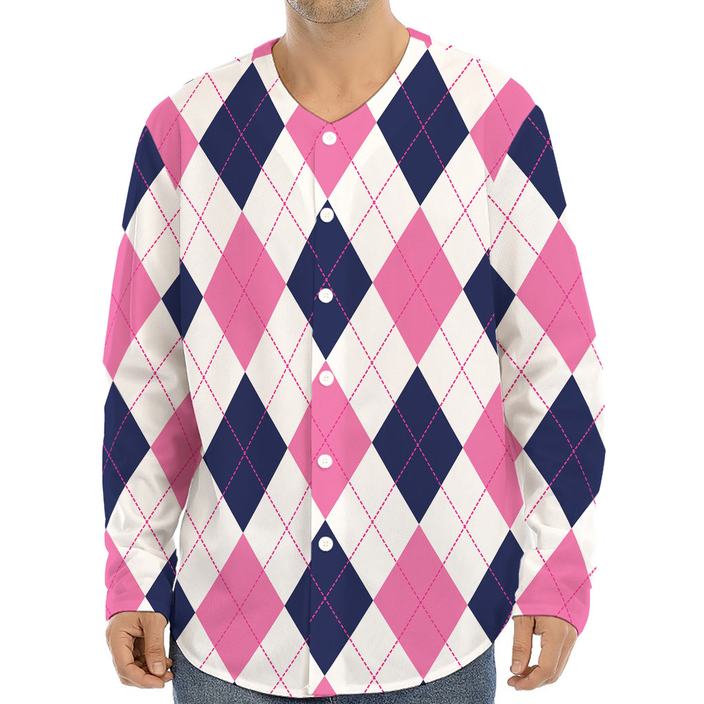 White Blue And Pink Argyle Pattern Print Long Sleeve Baseball Jersey