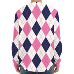 White Blue And Pink Argyle Pattern Print Long Sleeve Baseball Jersey