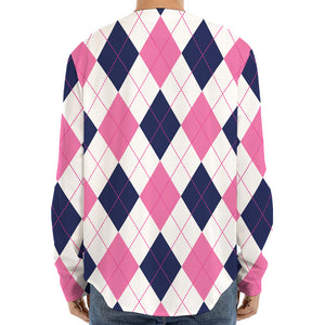 White Blue And Pink Argyle Pattern Print Long Sleeve Baseball Jersey