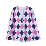 White Blue And Pink Argyle Pattern Print Long Sleeve Short Coat