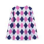 White Blue And Pink Argyle Pattern Print Long Sleeve Short Coat