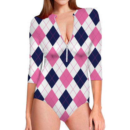 White Blue And Pink Argyle Pattern Print Long Sleeve Swimsuit