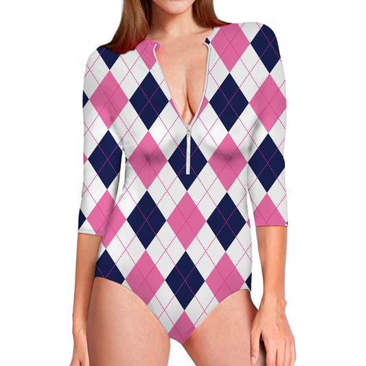 White Blue And Pink Argyle Pattern Print Long Sleeve Swimsuit