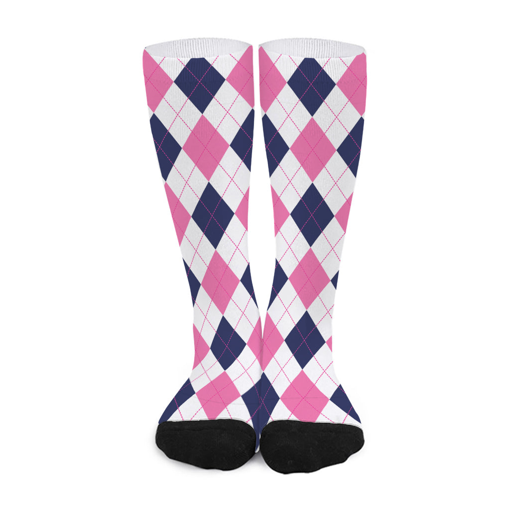 White Blue And Pink Argyle Pattern Print Long Socks