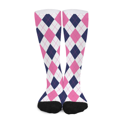 White Blue And Pink Argyle Pattern Print Long Socks