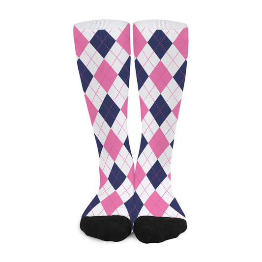 White Blue And Pink Argyle Pattern Print Long Socks