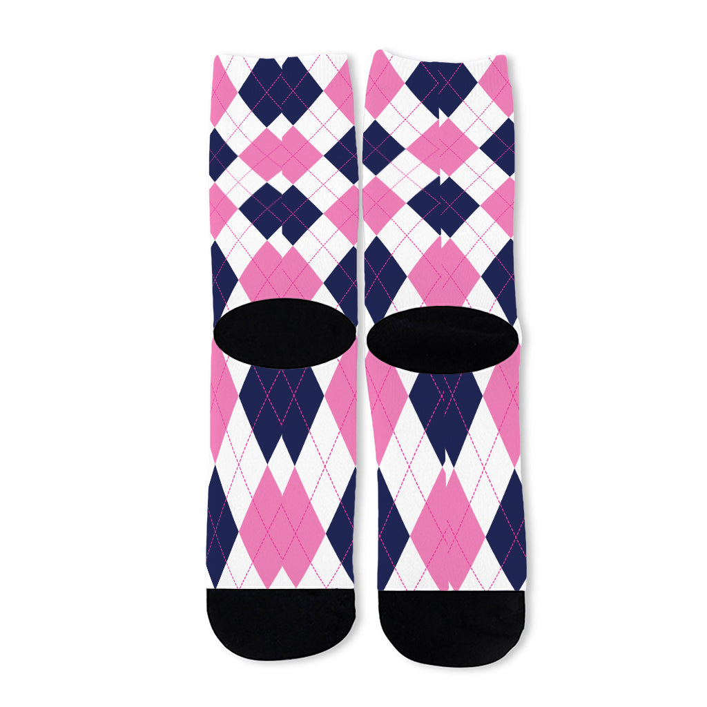 White Blue And Pink Argyle Pattern Print Long Socks