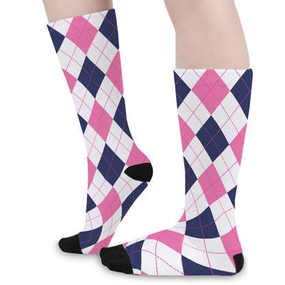 White Blue And Pink Argyle Pattern Print Long Socks