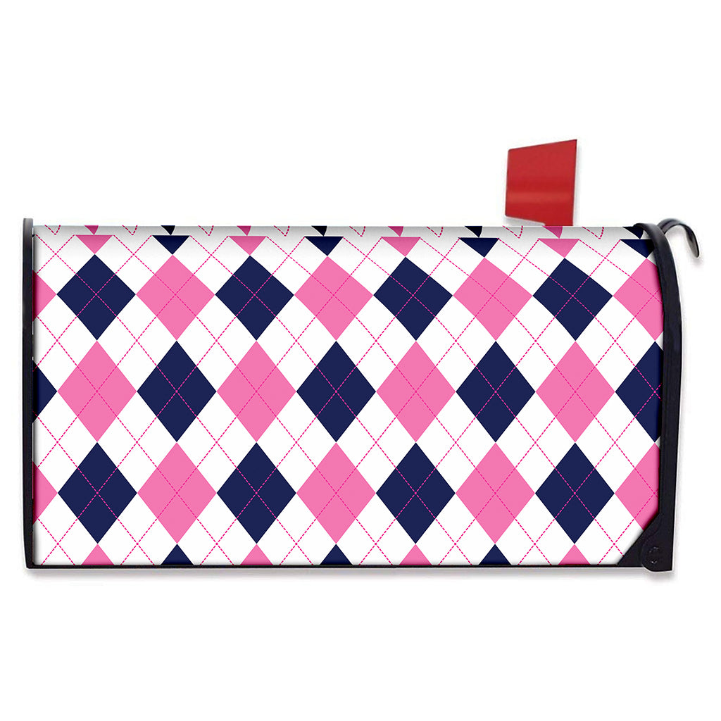 White Blue And Pink Argyle Pattern Print Mailbox Cover