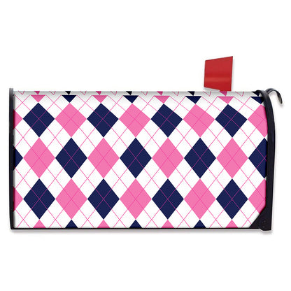 White Blue And Pink Argyle Pattern Print Mailbox Cover
