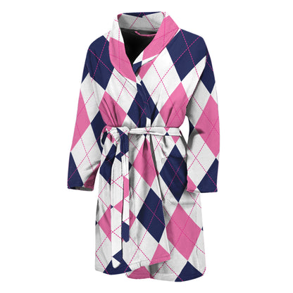 White Blue And Pink Argyle Pattern Print Men's Bathrobe