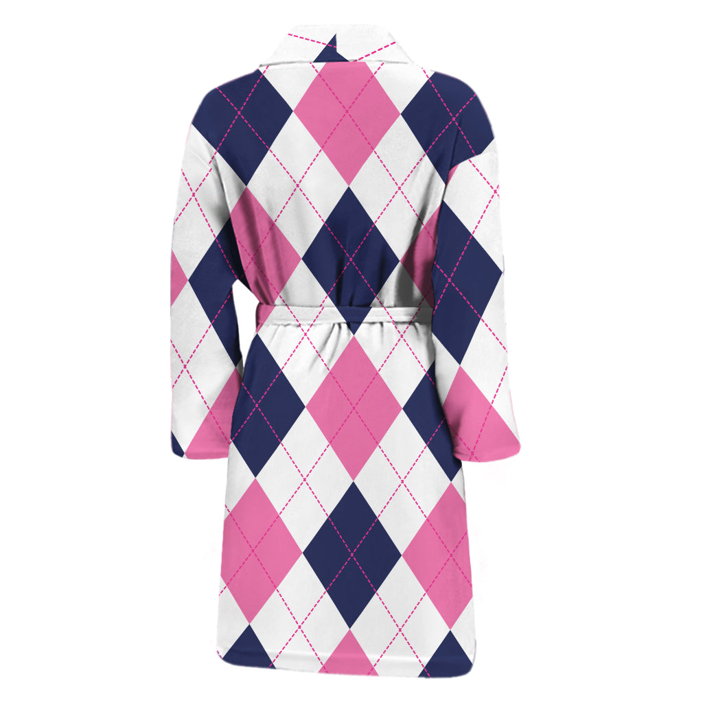 White Blue And Pink Argyle Pattern Print Men's Bathrobe