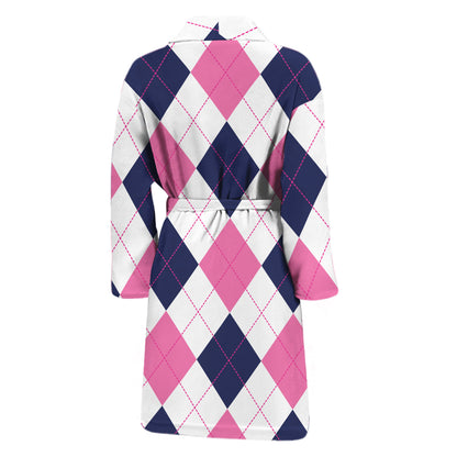 White Blue And Pink Argyle Pattern Print Men's Bathrobe