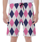 White Blue And Pink Argyle Pattern Print Men's Beach Shorts