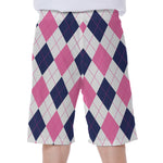 White Blue And Pink Argyle Pattern Print Men's Beach Shorts
