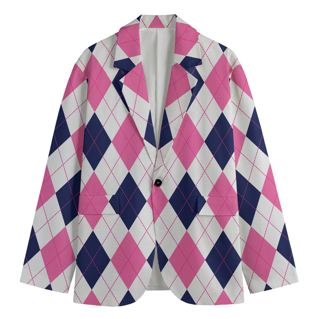 White Blue And Pink Argyle Pattern Print Men's Blazer